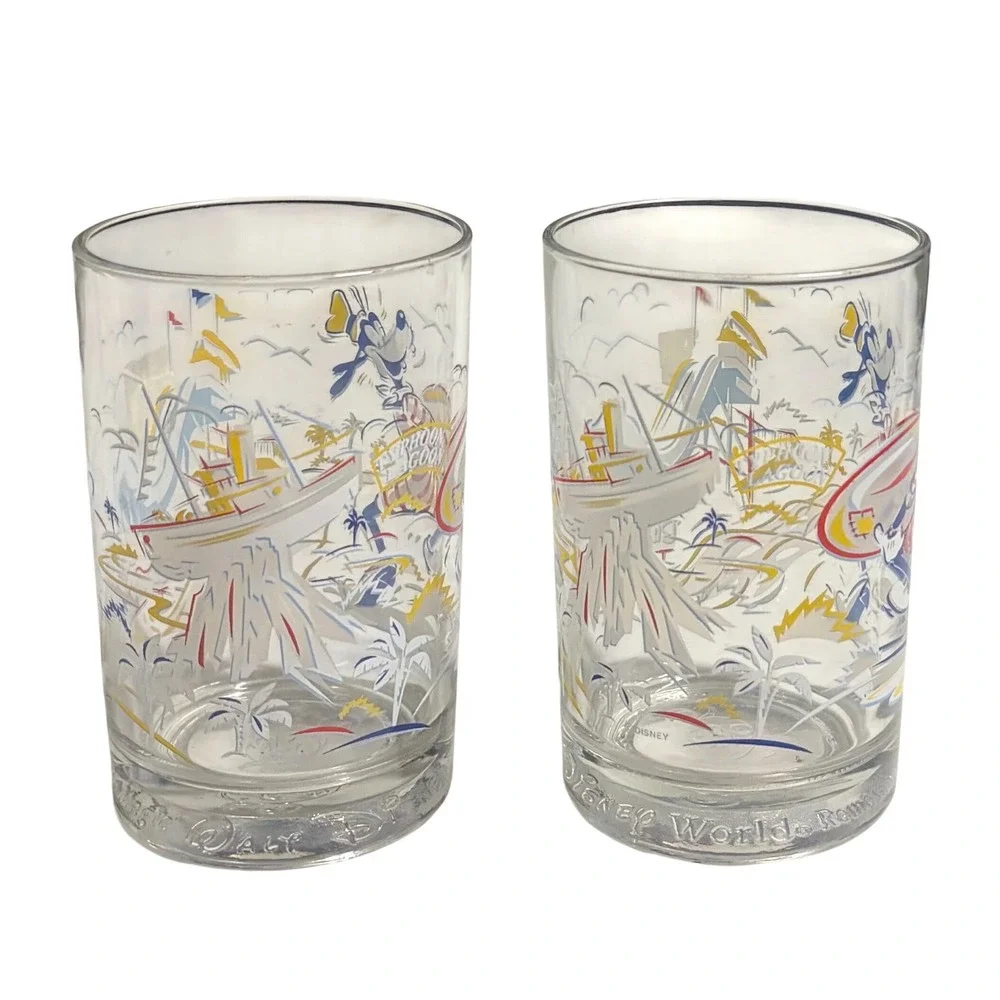 Disney World 25th Anniversary Remember The Magic Goofy Water Park Glasses Set‎ 2